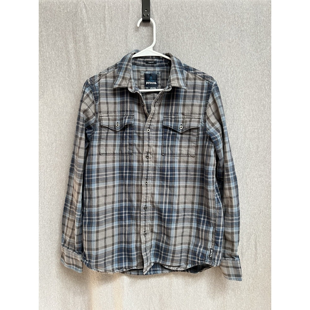 prAna Men's Blue Gray Plaid Flannel Shirt Jacket Shacket Slim Fit Sz S